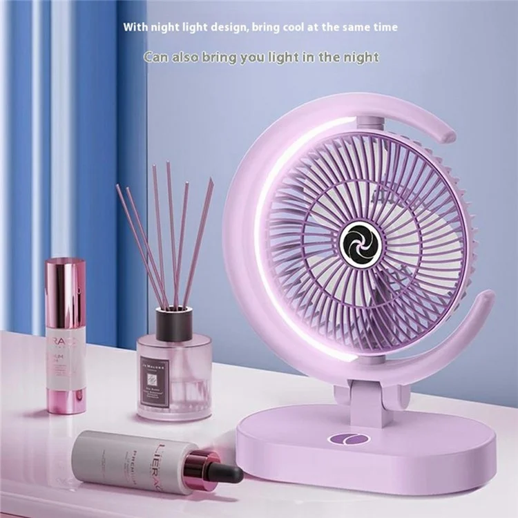 USB Rechargeable Foldable Desk Fan 4 Speeds Air Circulator Cooling Fan with Light - Purple