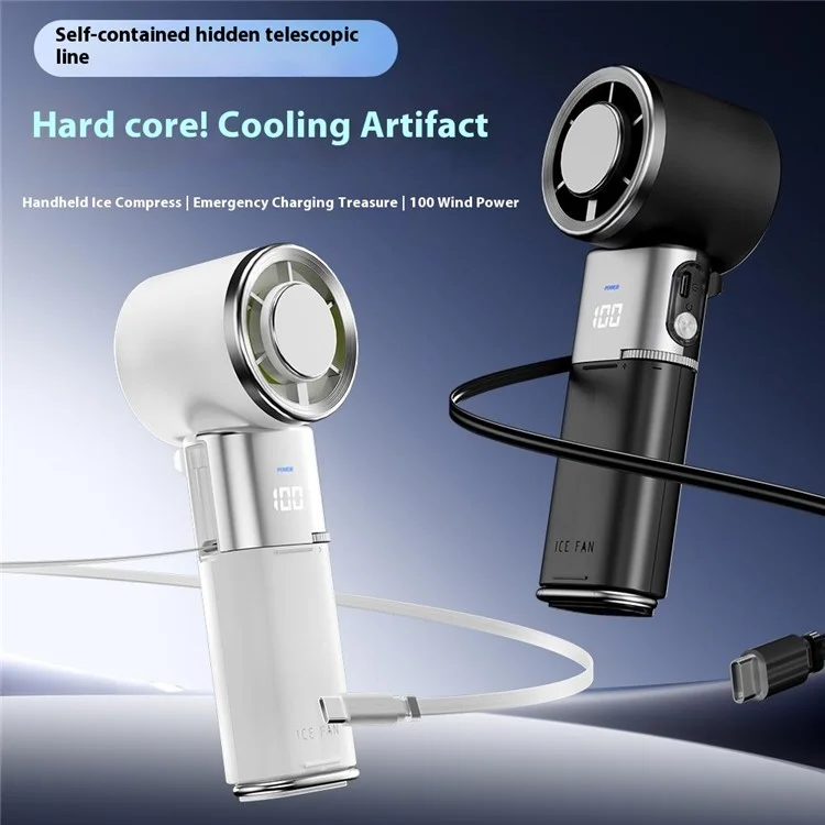 MF119 Ventilateur de poche avec câble rétractable, 100 vitesses réglables, rechargeable par USB, ventilateur de refroidissement portable - Noir