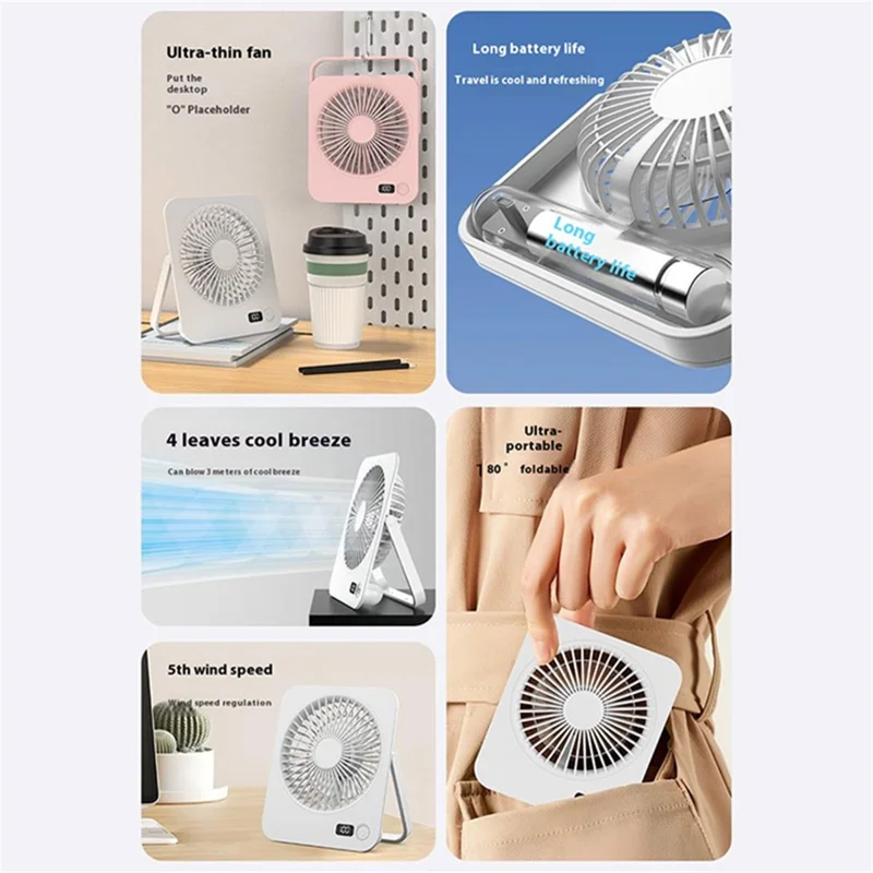 M7 Digital Display Portable Desktop Fan Ultra Thin Rechargeable Cooling Fan with Foldable Kickstand - Blue