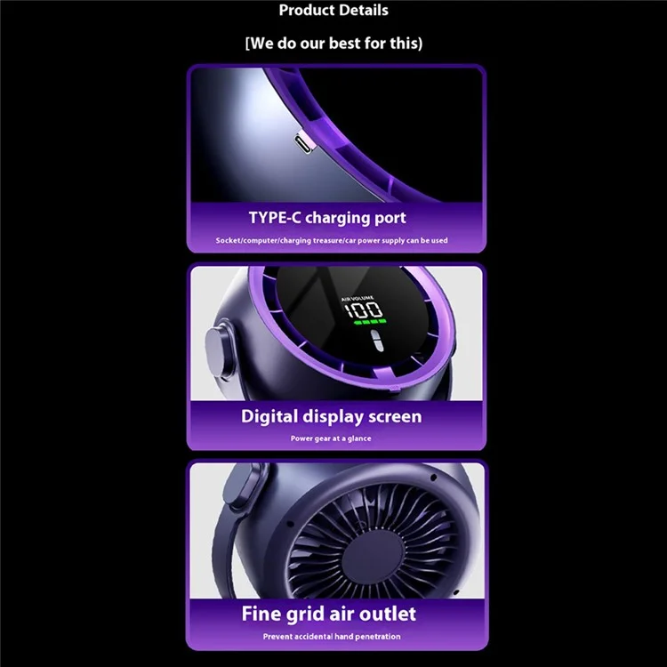 Ventilador mini de escritorio con pinza, pantalla digital, montaje en pared, ventilador de refrigeración turbo de alta velocidad, 100 velocidades ajustables - Morado