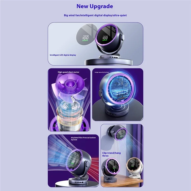 Ventilador mini de escritorio con pinza, pantalla digital, montaje en pared, ventilador de refrigeración turbo de alta velocidad, 100 velocidades ajustables - Morado