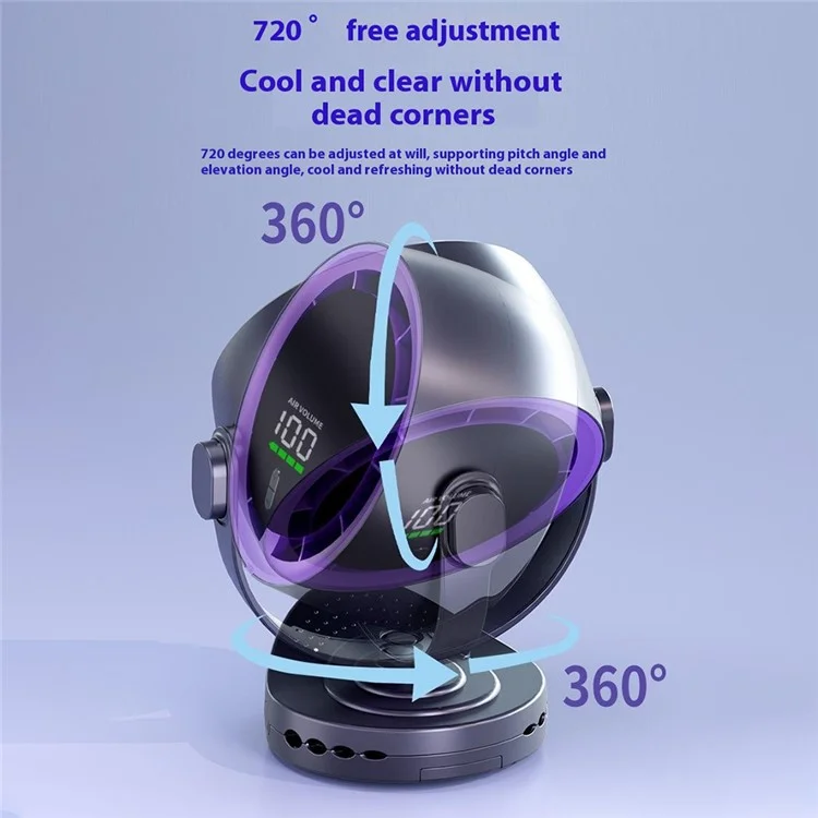 Ventilador mini de escritorio con pinza, pantalla digital, montaje en pared, ventilador de refrigeración turbo de alta velocidad, 100 velocidades ajustables - Morado