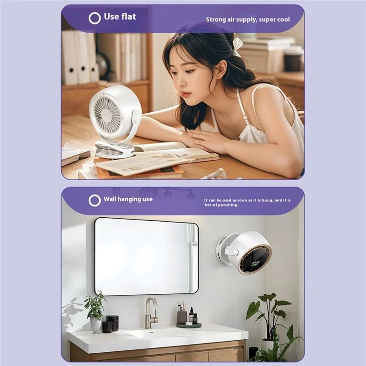 Ventilador mini de escritorio con pinza, pantalla digital, montaje en pared, ventilador de refrigeración turbo de alta velocidad, 100 velocidades ajustables - Morado