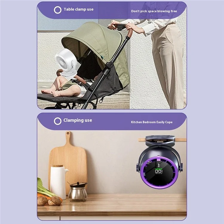Ventilador mini de escritorio con pinza, pantalla digital, montaje en pared, ventilador de refrigeración turbo de alta velocidad, 100 velocidades ajustables - Morado