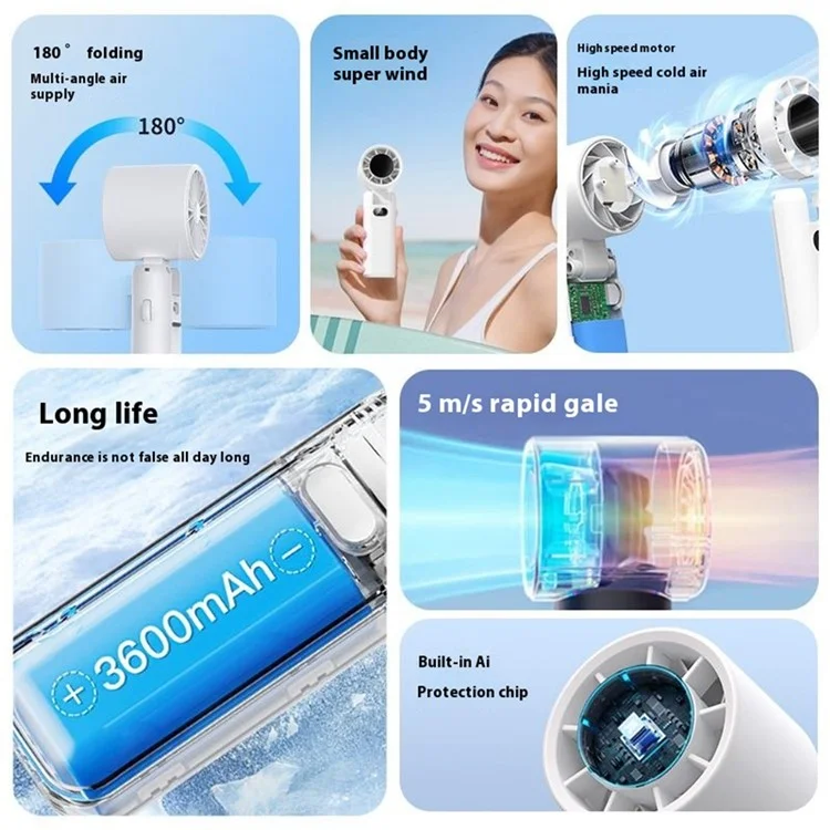 WT22 Portable Mini Fan Rechargeable Turbo Fan 5 Gear Foldable Handheld Cooling Fan with Digital Display - White