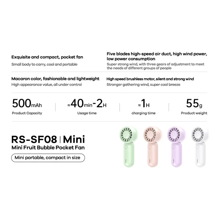 REMAX RS-SF08 Mini Taschenventilator Tragbarer Handventilator USB-Aufladbar für Reisen / Outdoor-Nutzung - Mintgrün