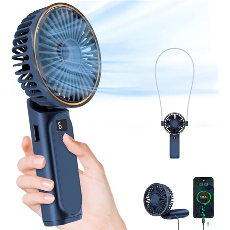 M12 Foldable Summer Cooling Handheld Fan USB Rechargeable Mini Desk Fan with Neck Strap - Blue
