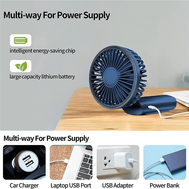 M12 Foldable Summer Cooling Handheld Fan USB Rechargeable Mini Desk Fan with Neck Strap - Blue