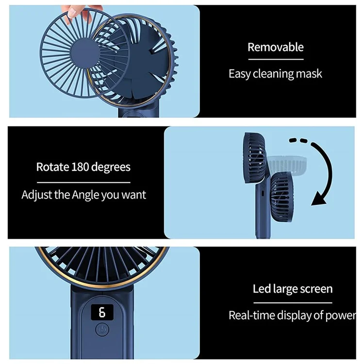 M12 Foldable Summer Cooling Handheld Fan USB Rechargeable Mini Desk Fan with Neck Strap - Blue