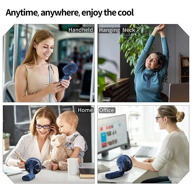 M12 Foldable Summer Cooling Handheld Fan USB Rechargeable Mini Desk Fan with Neck Strap - Blue