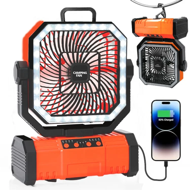 Portable Outdoor Camping Emergency Hanging Fan with 4 Levels LED Light and Power Bank Function - Orange