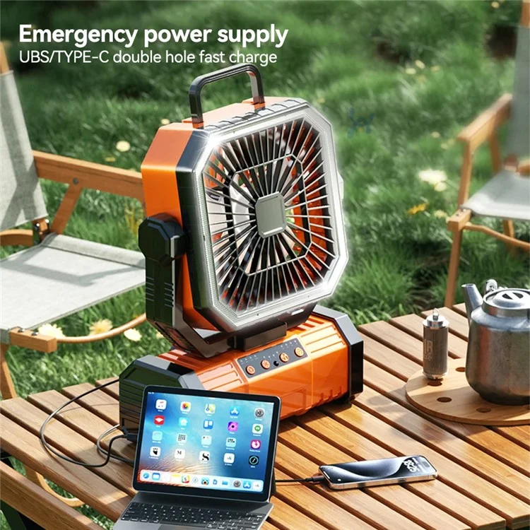 Portable Outdoor Camping Emergency Hanging Fan with 4 Levels LED Light and Power Bank Function - Orange