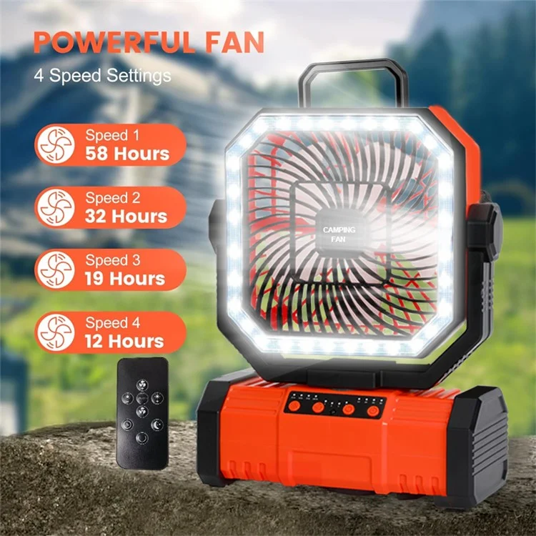 Portable Outdoor Camping Emergency Hanging Fan with 4 Levels LED Light and Power Bank Function - Orange