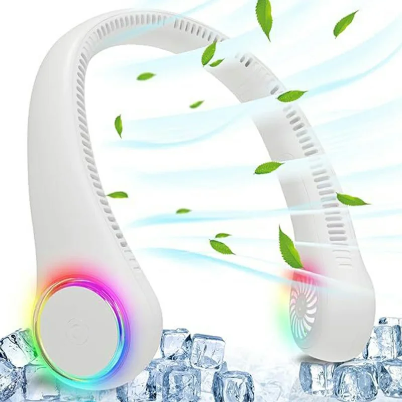 3 Speeds Portable Neck Fan Bladeless USB Rechargeable Hands Free Fan with LED Lights - F6 / White