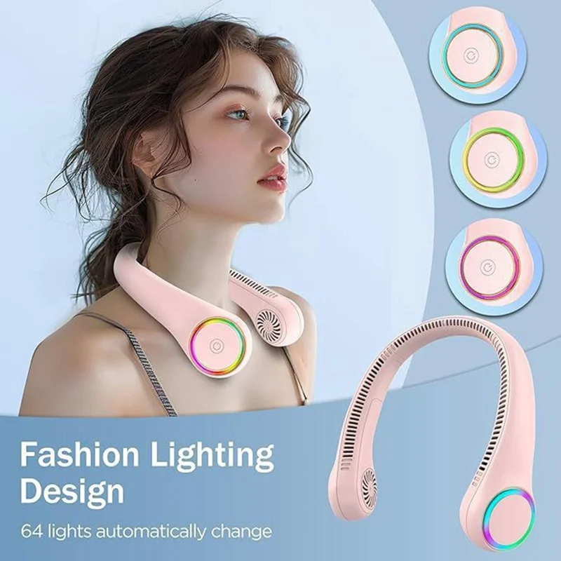 3 Speeds Portable Neck Fan Bladeless USB Rechargeable Hands Free Fan with LED Lights - F6 / White