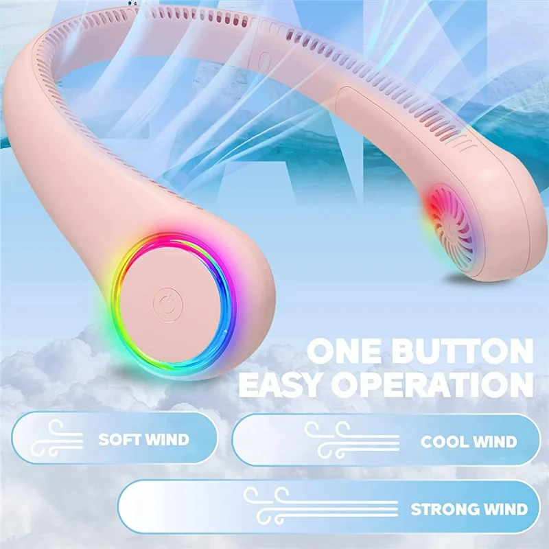 3 Speeds Portable Neck Fan Bladeless USB Rechargeable Hands Free Fan with LED Lights - F6 / White