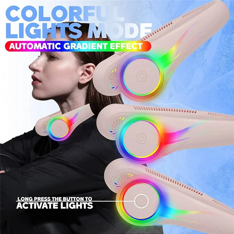 3 Speeds Portable Neck Fan Bladeless USB Rechargeable Hands Free Fan with LED Lights - F6 / White