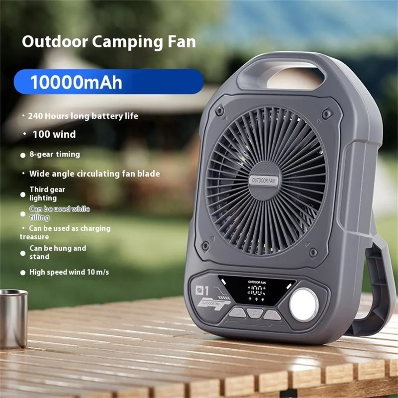 Ventilador Portátil Externo S9 com Função Power Bank, 100 Configurações de Velocidade para Camping / Alojamento - Cinza