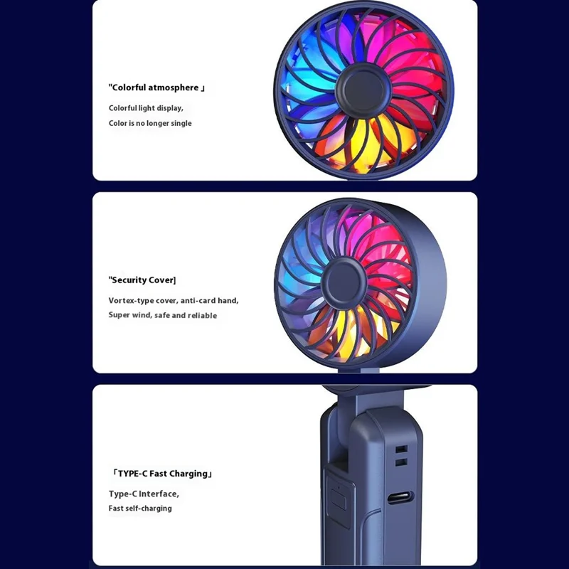 Ventilador portátil N87 con luz RGB de respiración, ajuste de velocidad sin escalones, potente para exteriores - Negro