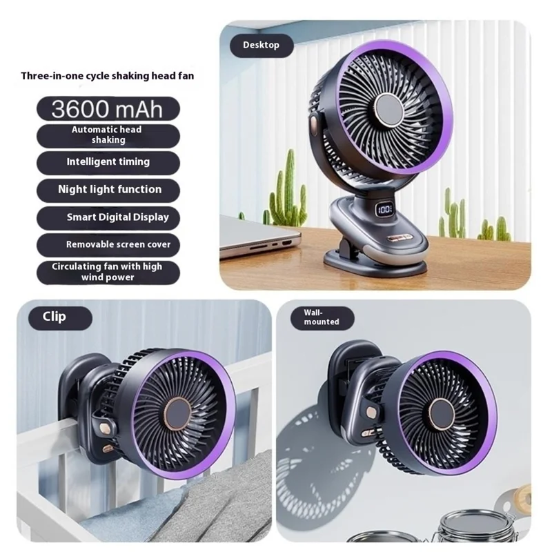 S6 Desktop-Ventilator mit Clip zum Aufklappen, Kühlung mit Timer / 5 Geschwindigkeitsstufen für Zuhause / Büro - Grau