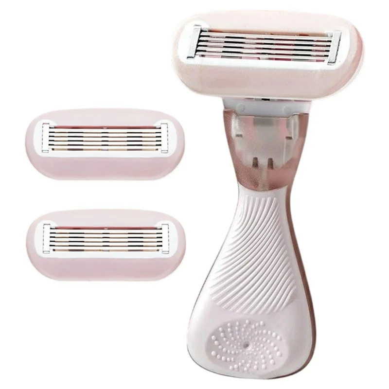 Rasoio manuale per la rimozione dei peli per donna, Rasoio portatile per bikini e corpo, 1 manico + 2 testine - Rosa