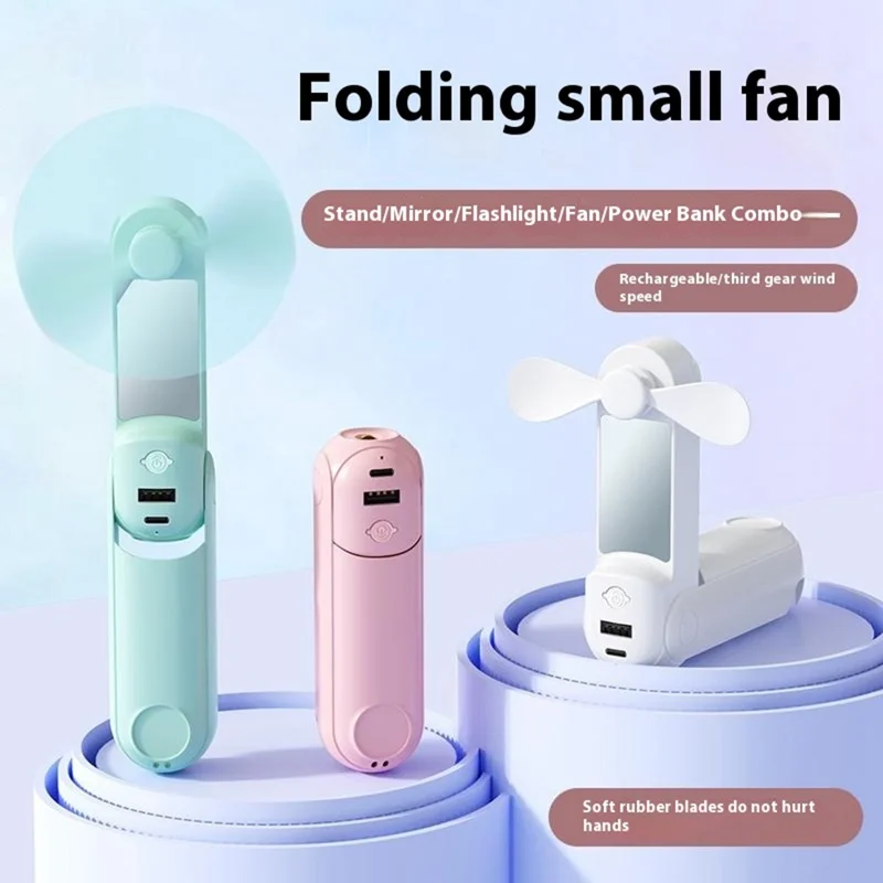 F11 Multifunctional Handheld Fan 5 in 1 Mini Fan Phone Holder Flashlight Mirror Power Bank - Pink
