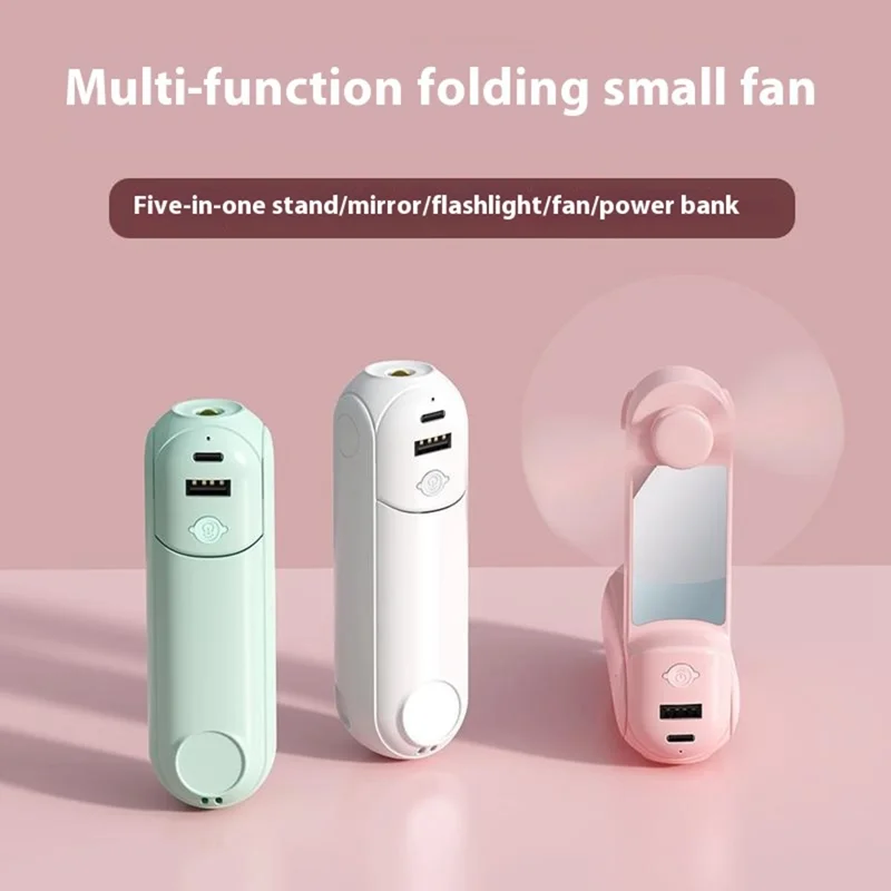 F11 Multifunctional Handheld Fan 5 in 1 Mini Fan Phone Holder Flashlight Mirror Power Bank - Pink