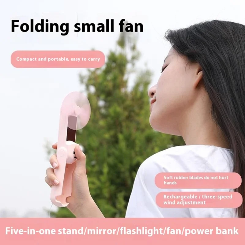 F11 Multifunctional Handheld Fan 5 in 1 Mini Fan Phone Holder Flashlight Mirror Power Bank - Pink