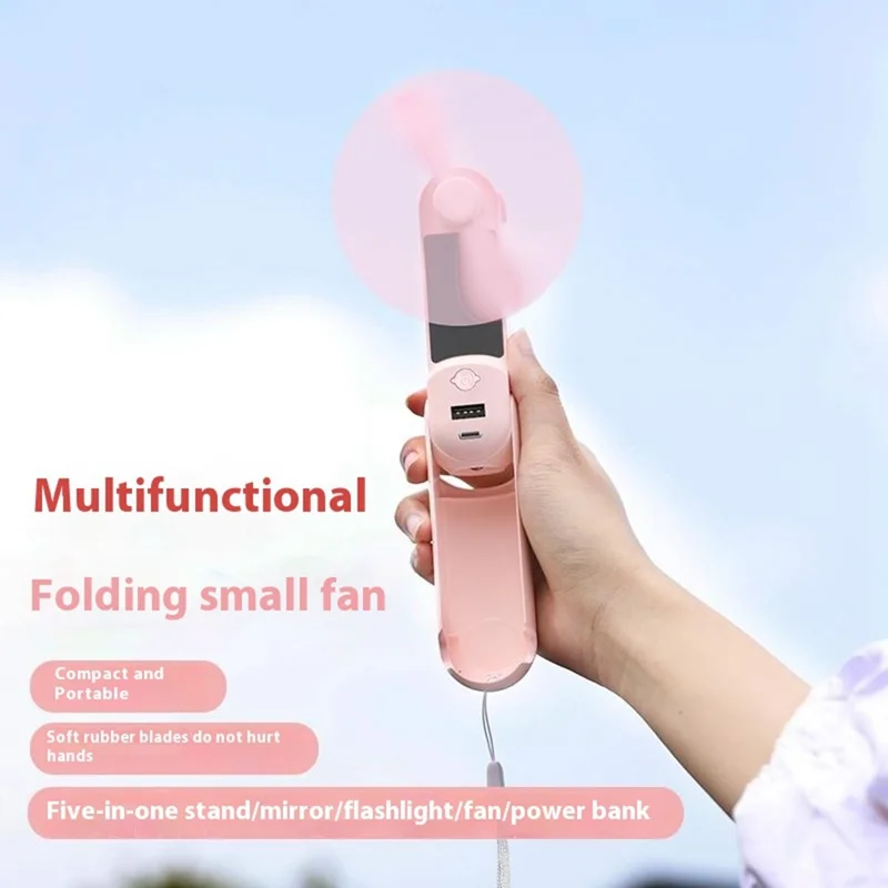 F11 Multifunctional Handheld Fan 5 in 1 Mini Fan Phone Holder Flashlight Mirror Power Bank - Pink