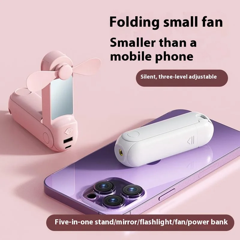 F11 Multifunctional Handheld Fan 5 in 1 Mini Fan Phone Holder Flashlight Mirror Power Bank - Pink