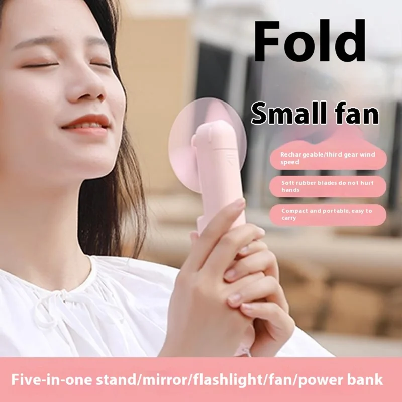 F11 Multifunctional Handheld Fan 5 in 1 Mini Fan Phone Holder Flashlight Mirror Power Bank - White
