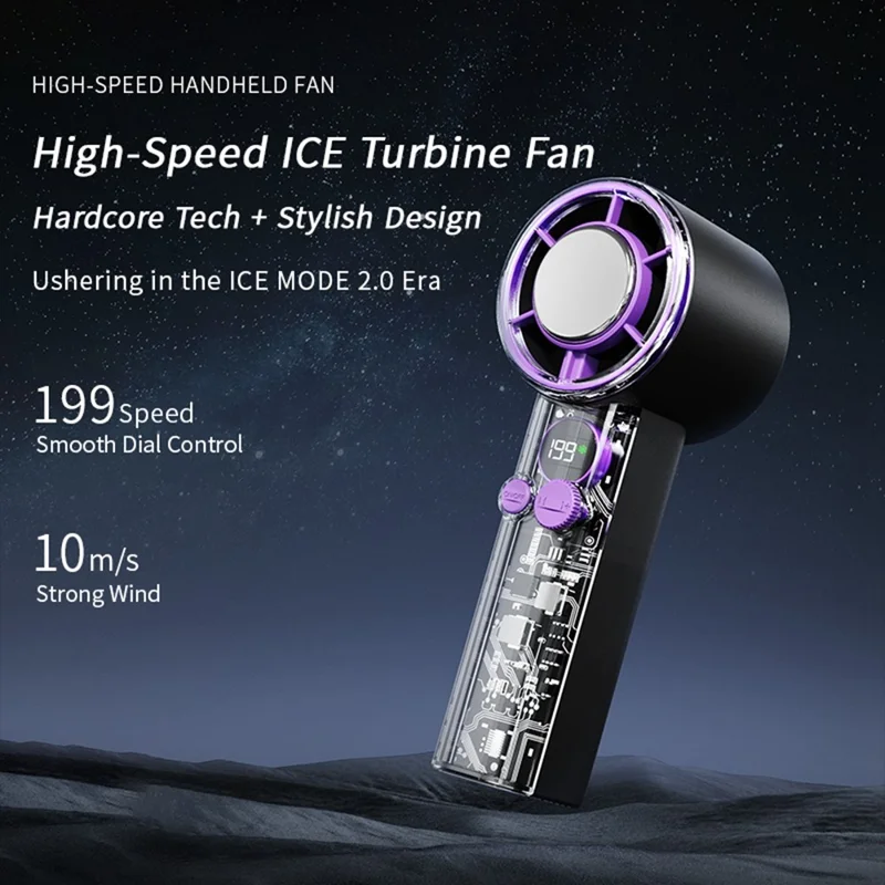 F03 199 Speeds Adjustable 10W Cold Compress Cooling Fan Digital Display Portable Turbo Handheld Fan - Black
