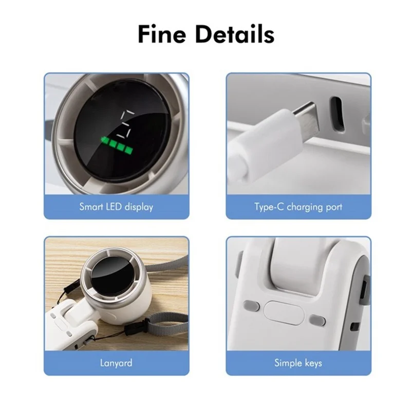 N607 Foldable Handheld Fan Turbo High Speed Silent USB Rechargeable Neck Fan - White