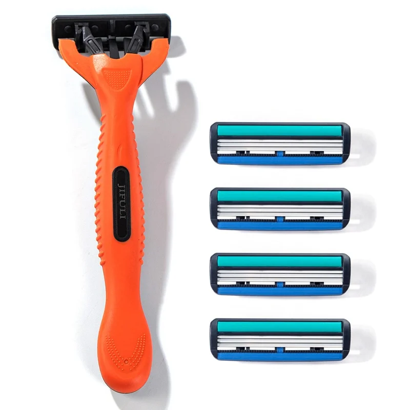 JIFULI 3-layer Blade Manual Razor Portable Shaving Kit with 1 Handle and 5 Replacement Heads, Orange