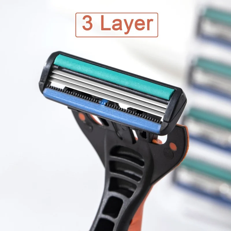 JIFULI 3-layer Blade Manual Razor Portable Shaving Kit with 1 Handle and 5 Replacement Heads, Orange