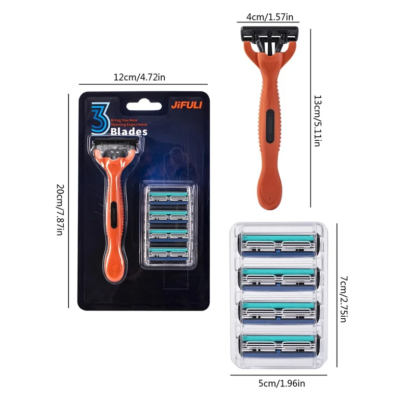 JIFULI 3-layer Blade Manual Razor Portable Shaving Kit with 1 Handle and 5 Replacement Heads, Orange