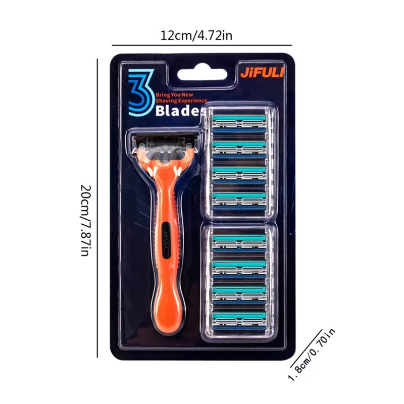 JIFULI 3-layer Blade Manual Razor Portable Shaving Kit with 1 Handle and 5 Replacement Heads, Orange