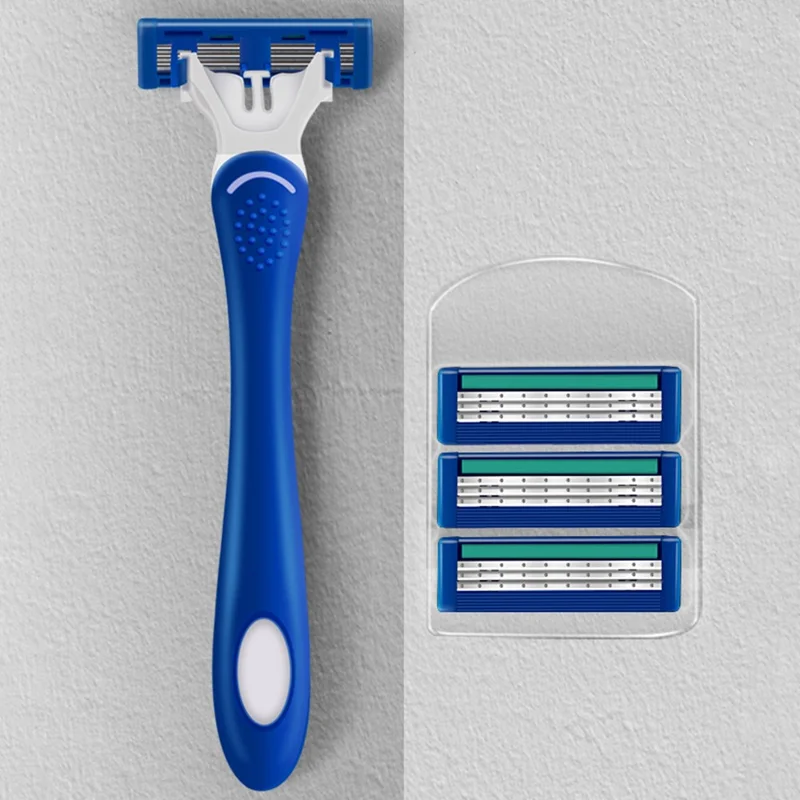 BOB IGUETTA Portable Shaving Kit 3-layer Blade Manual Razor with 1 Handle and 4 Replacement Heads, Blue