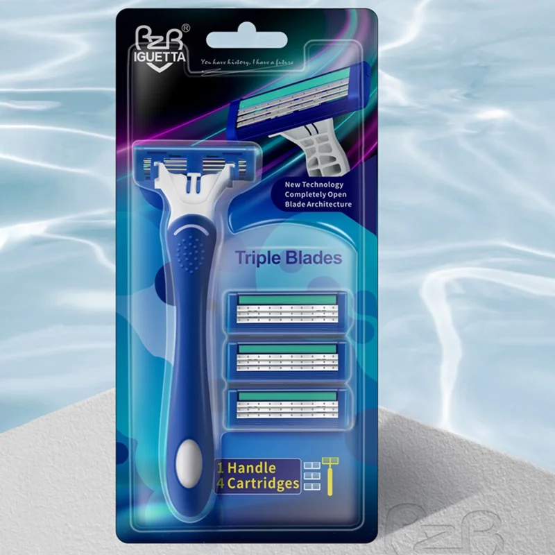 BOB IGUETTA Portable Shaving Kit 3-layer Blade Manual Razor with 1 Handle and 4 Replacement Heads, Blue