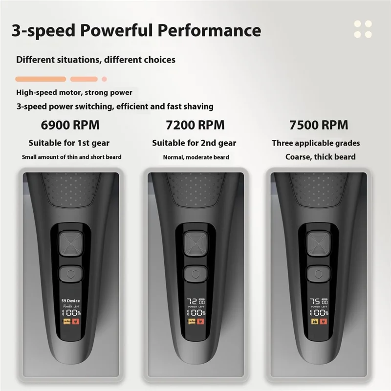 LED Display Rechargeable Electric Shaver for Men 3 Blades Rotary Razor Waterproof Cordless Trimmer - Black