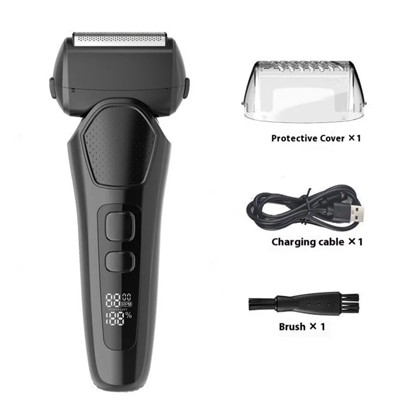 LED Display Rechargeable Electric Shaver for Men 3 Blades Rotary Razor Waterproof Cordless Trimmer - Black
