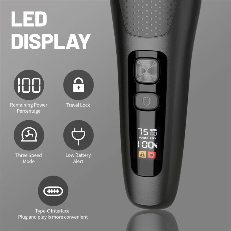 LED Display Rechargeable Electric Shaver for Men 3 Blades Rotary Razor Waterproof Cordless Trimmer - Black