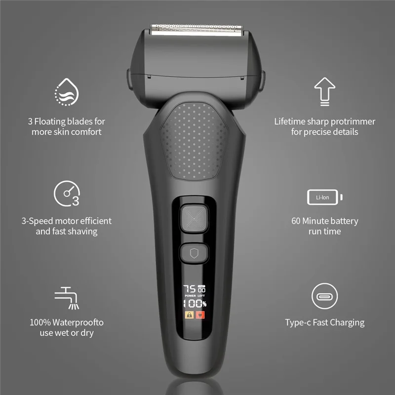 LED Display Rechargeable Electric Shaver for Men 3 Blades Rotary Razor Waterproof Cordless Trimmer - Black