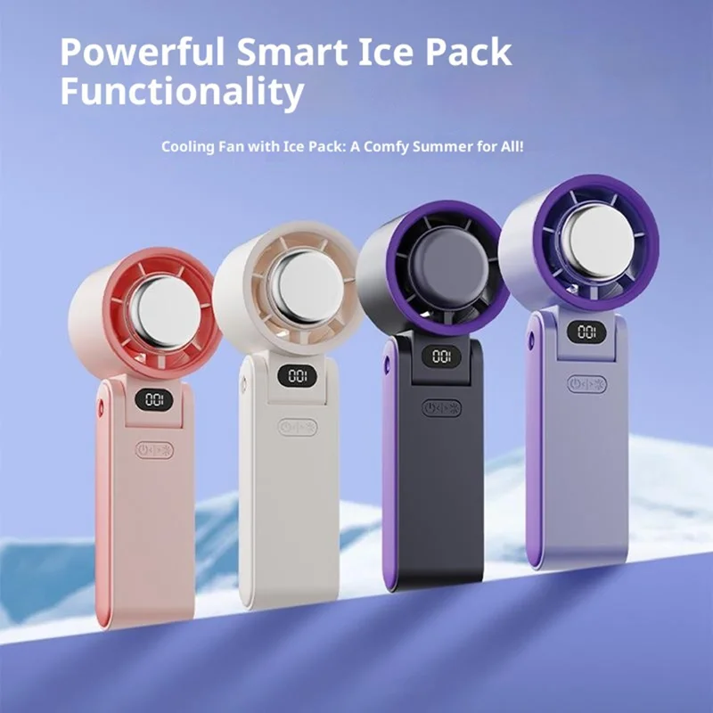 Y19 Digital Display Folding Handheld Fan 100 Speeds Adjustable Cold Compress Summer Cooling Fan with Lanyard - Grey