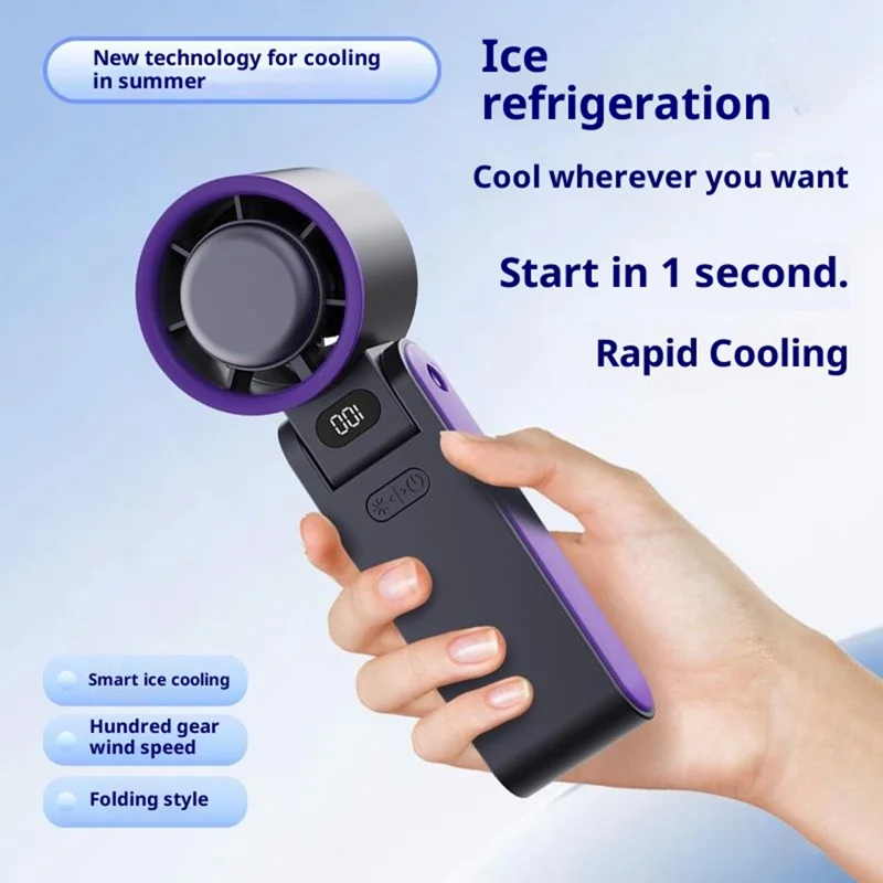 Y19 Digital Display Folding Handheld Fan 100 Speeds Adjustable Cold Compress Summer Cooling Fan with Lanyard - Grey
