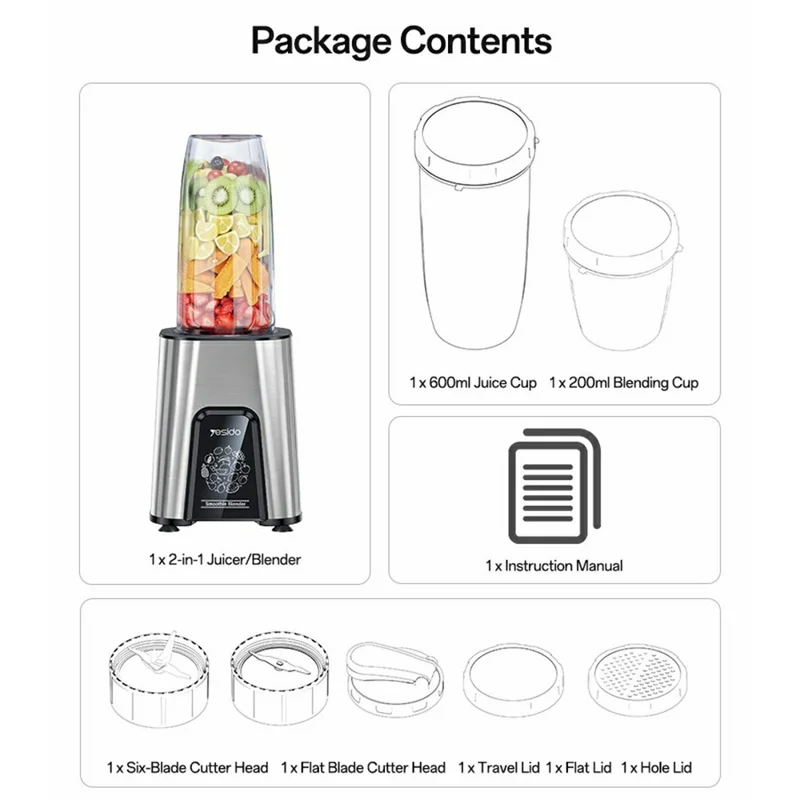 YESIDO EC27 EU Plug Portable Juicer 2 in 1 850W High Power Dual Speed Adjustable Fruit Vegetable Blender (BPA Free, No FDA)