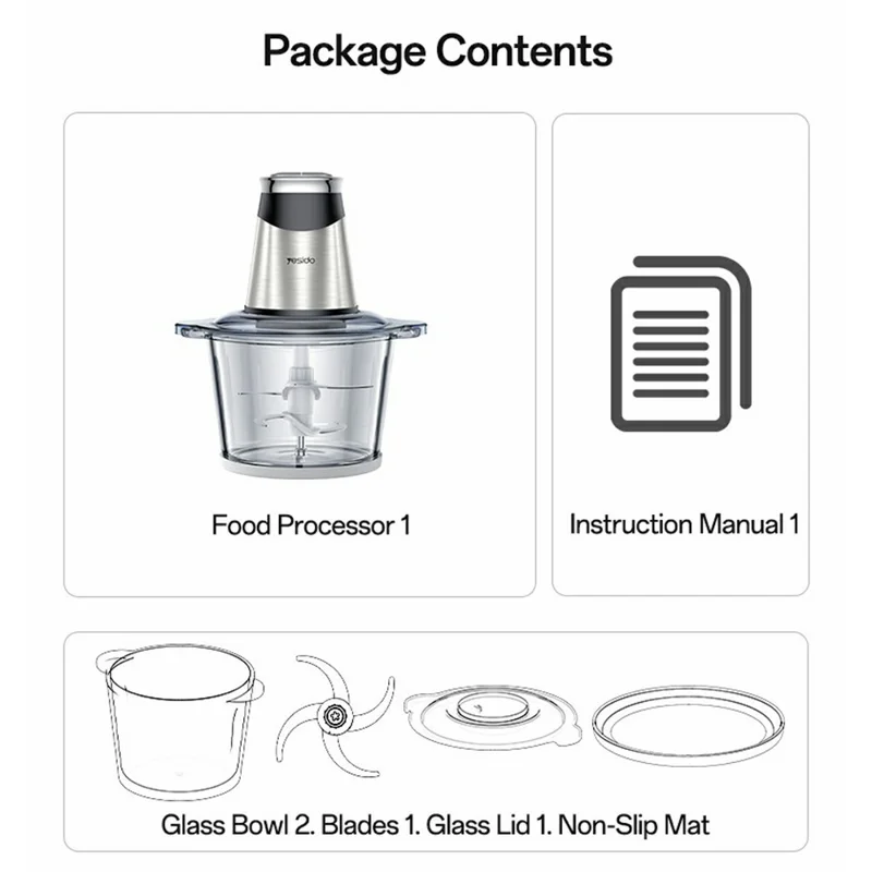 YESIDO EC28 EU Plug 2L Food Processor 400W Electric Meat Grinder 4-Blade Vegetable Chopper (BPA Free, No FDA)