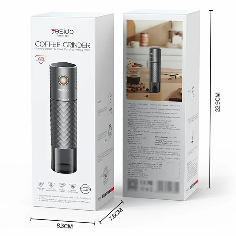 YESIDO EC29 Portable Electric Coffee Grinder 25W Powerful Motor Coffee Maker for Travel / Outdoor - Black