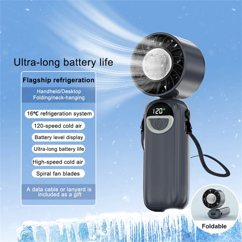 S-11 Cold Compress Handheld Mini Fan 120 Speeds Adjustable LED Display Neck Hanging Foldable Fan - Grey