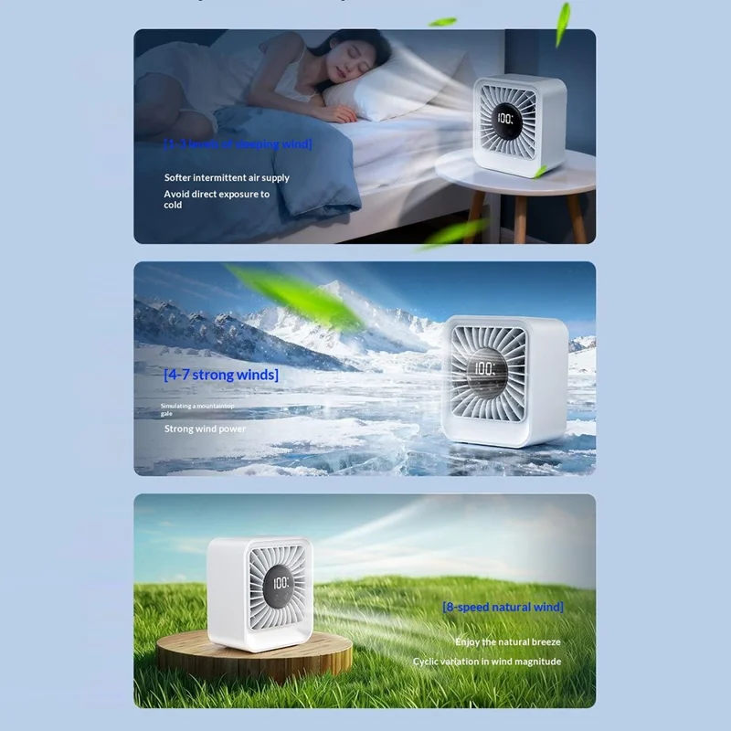 YS-G7 Tischventilator mit 8000-mAh-Batterie, USB-wiederaufladbar, 8-stufig einstellbarer Tischventilator mit LED-Display – Schwarz